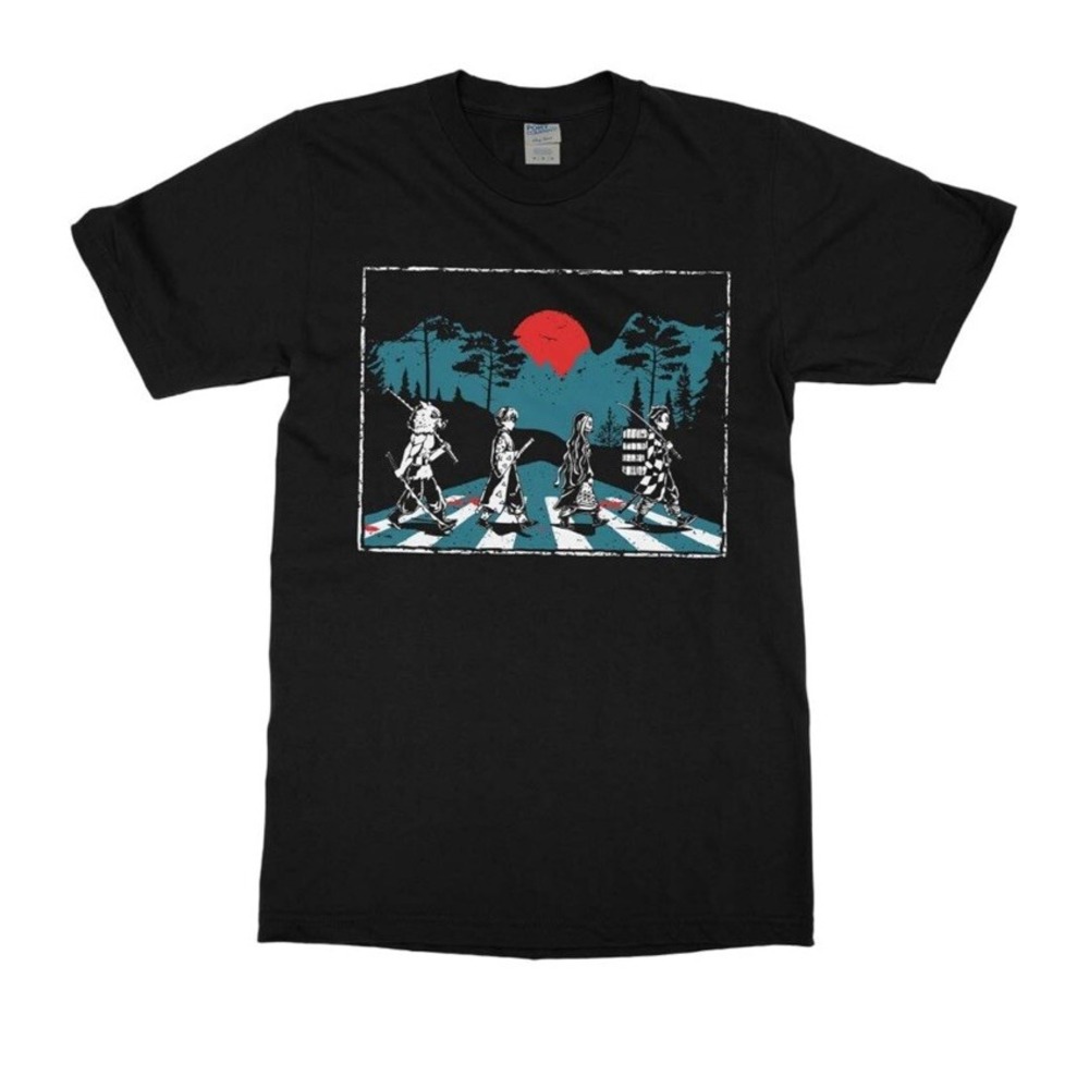 Demon Slayer Abbey Road Tanjiro Nezuko Zenitsu Inosuke Black TShirt LARGE New